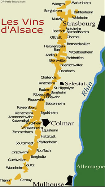 Carte vignoble alsacien : domaines viticoles et route des vins d'Alsace